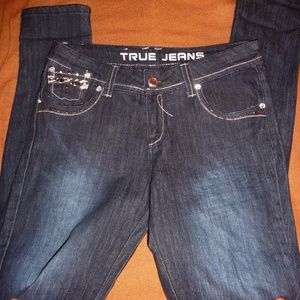 TRUE JEANS Dark Wash Denim, Straight Leg, Embellished, Rhinestones, Size 9 NWT